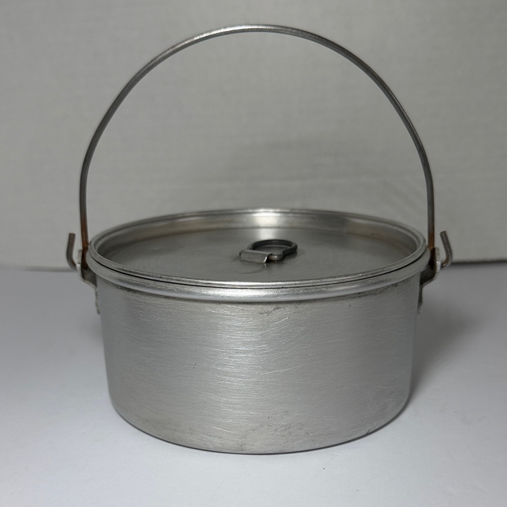 Vintage aluminum small pot for bonfire with lid and carrying handle